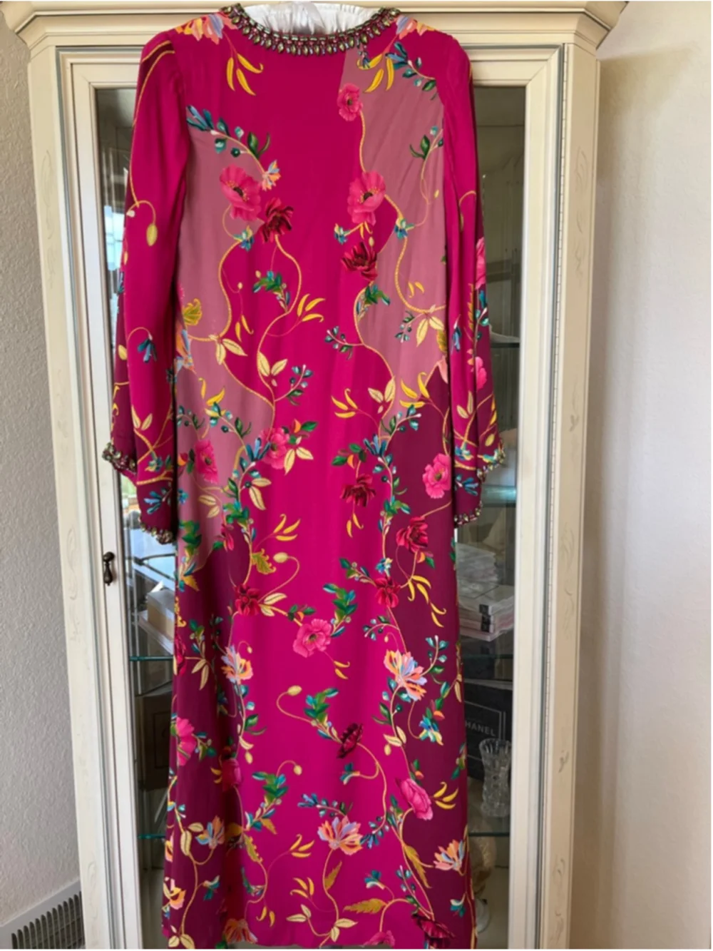 NWT LA FUORI Fuchsia Pink Floral Silk Kaftan M